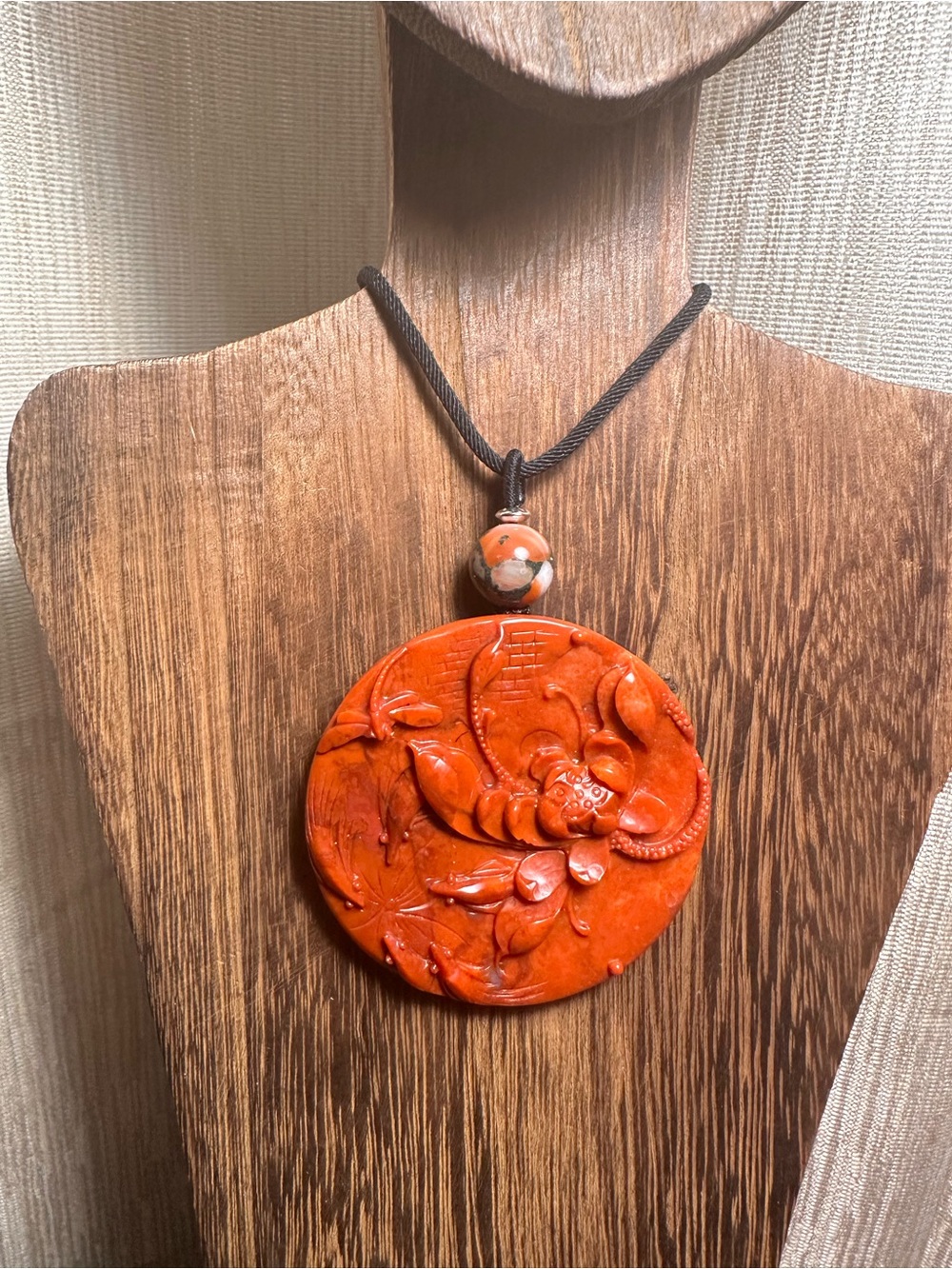 Large Round Red Agate Lotus and Dragonfly Pendant Necklace on Black Rope - Picture 7 of 13